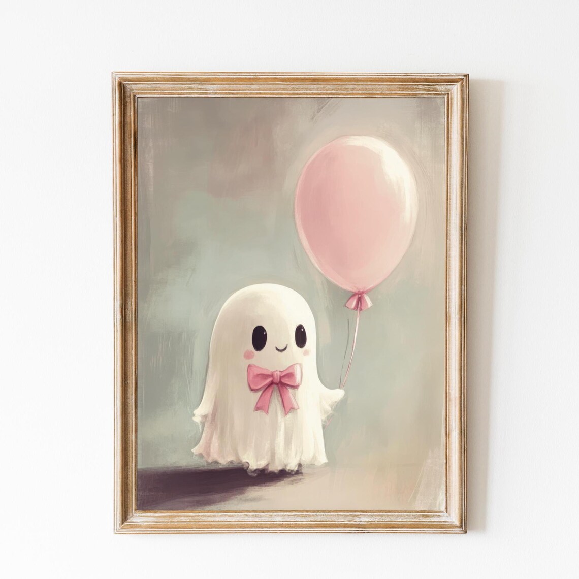 Smiling Cute Ghost With Pink Bow Holding A Pink Balloon Poster