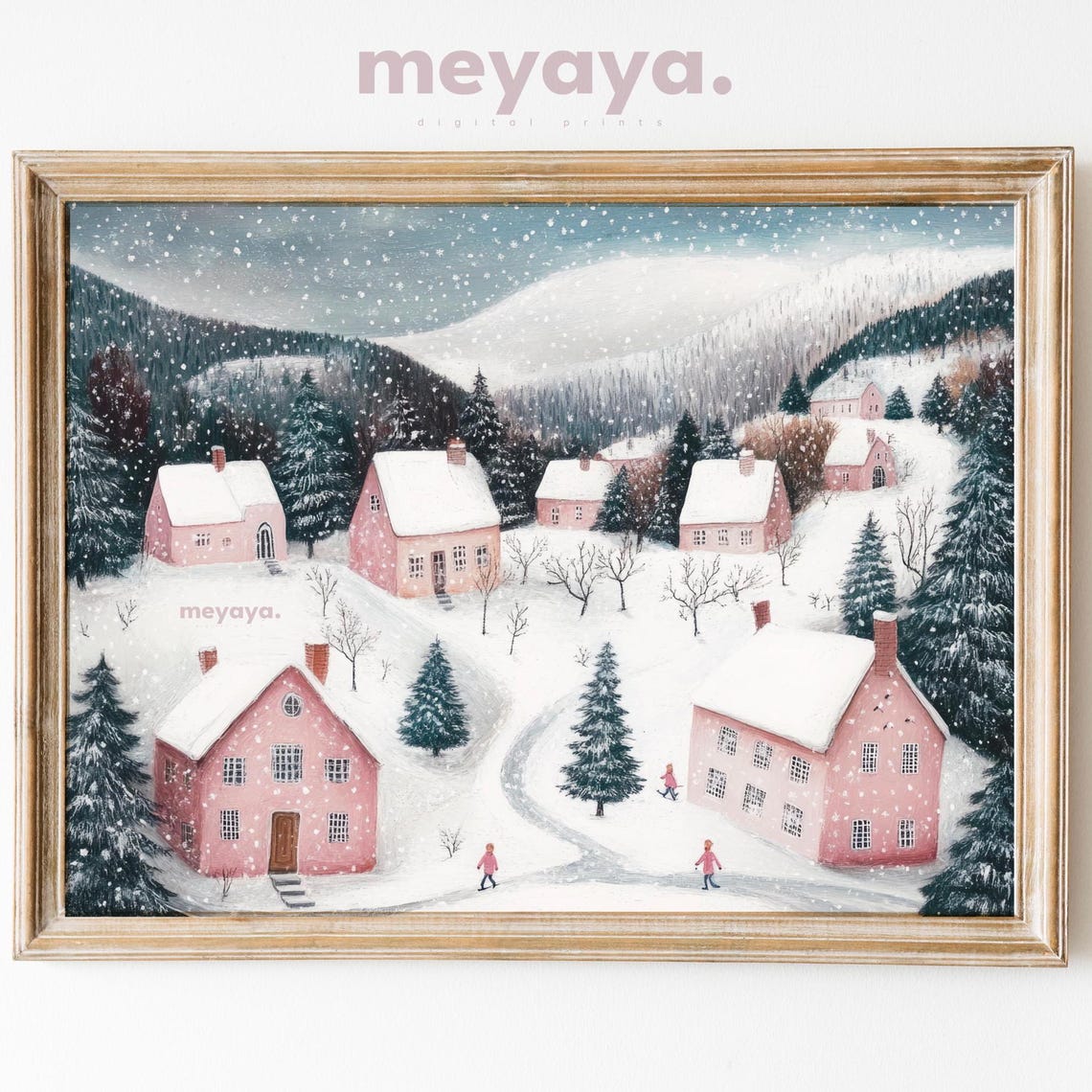 Pink Christmas Village Painting Pastel Village Print Vintage Christmas Town Pink Winter Wall Art Holiday Poster Trendy Christmas Decor