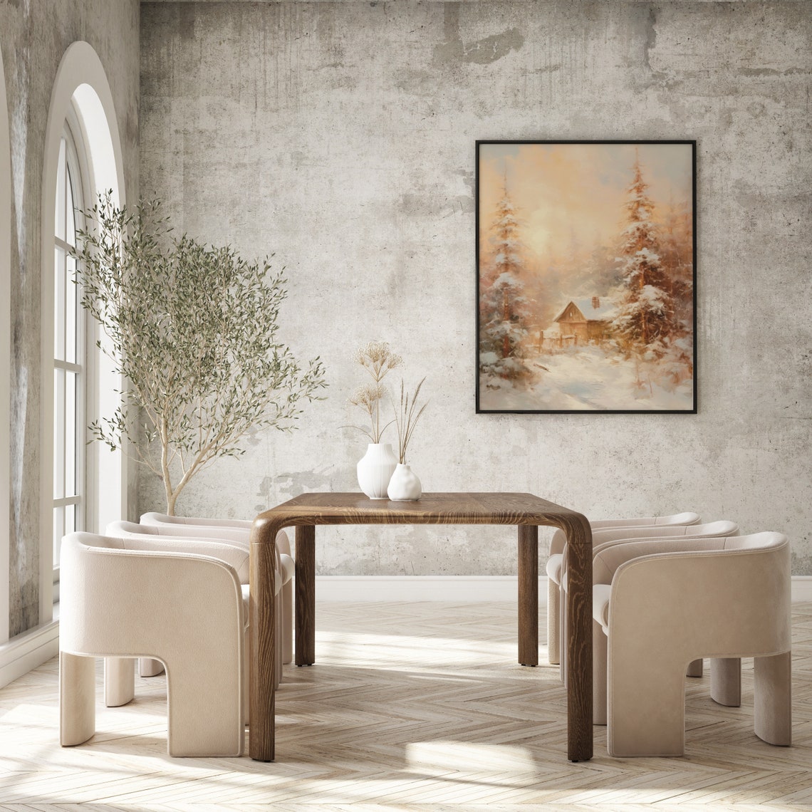 Snowy Log Cabin At Sunset Among Winter Pines Christmas Poster - Image 2