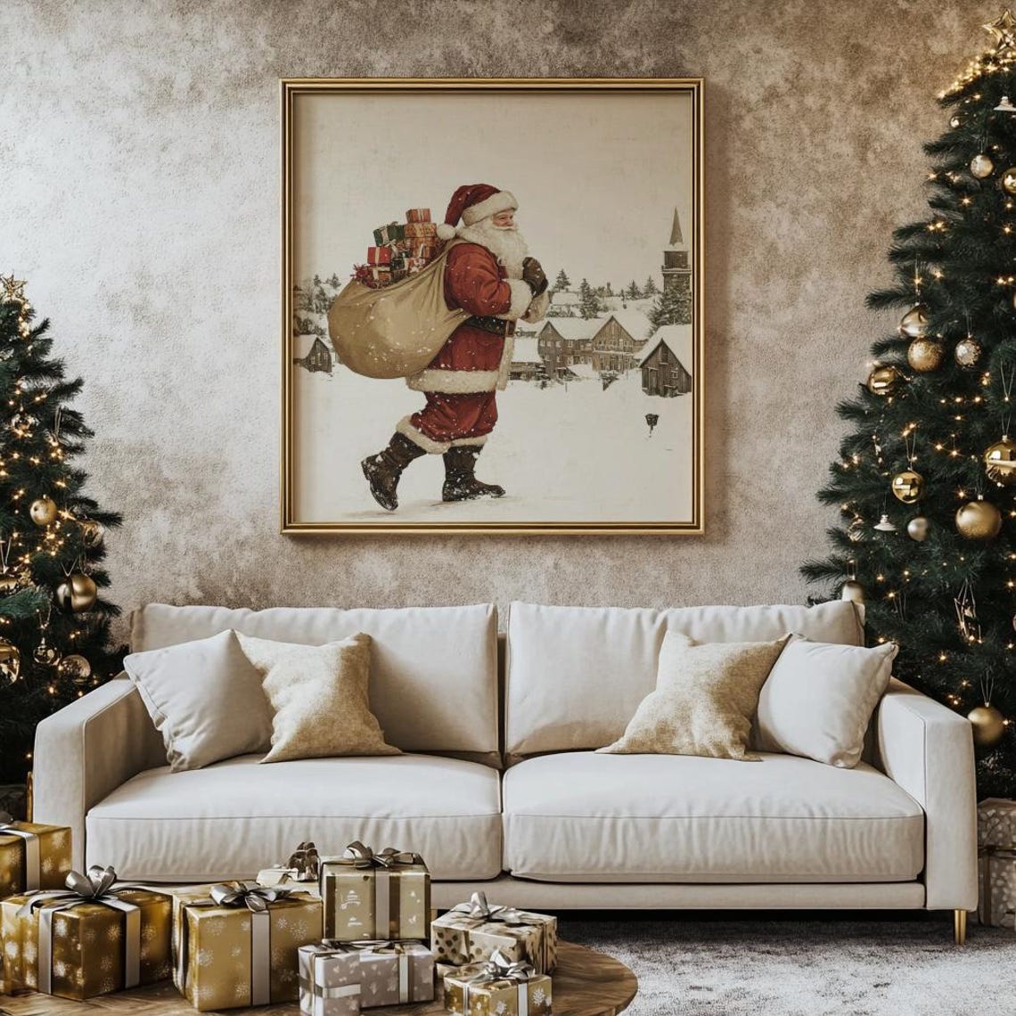 Vintage Santa Print Christmas Painting Holiday Decor Vintage Christmas Decor Farmhouse Christmas Print Winter Santa Wall Art - Image 3