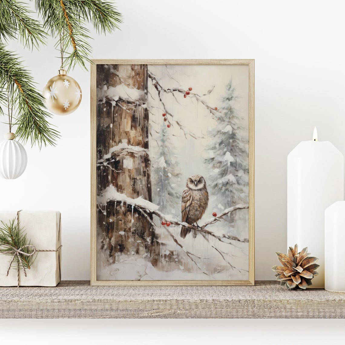 Winter Owl On Snowy Branch Red Berries Vintage Forest Poster - Image 3