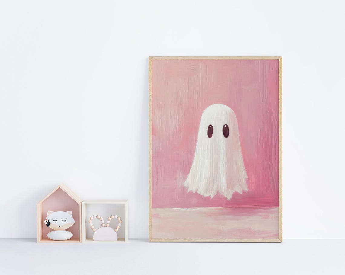 Cute Floating Ghost On A Solid Pink Background Minimalist Poster - Image 6