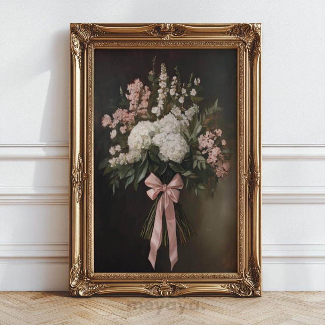 Pink Bow Flower Bouquet Dark Academia Vintage Romantic Wall Print - Image 3