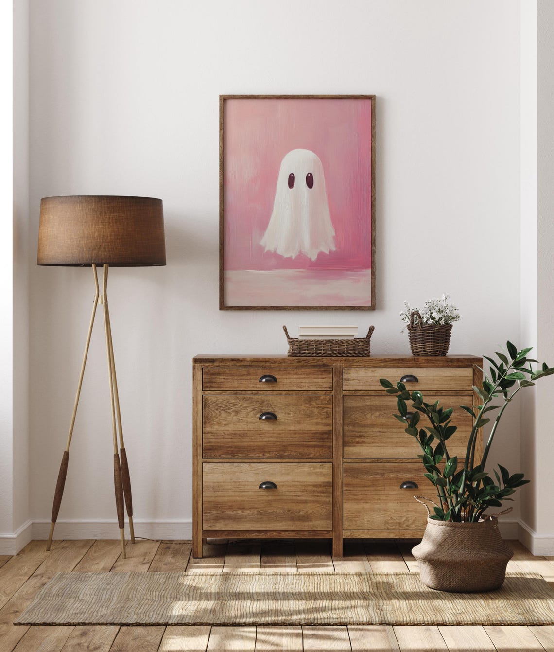 Cute Floating Ghost On A Solid Pink Background Minimalist Poster - Image 5