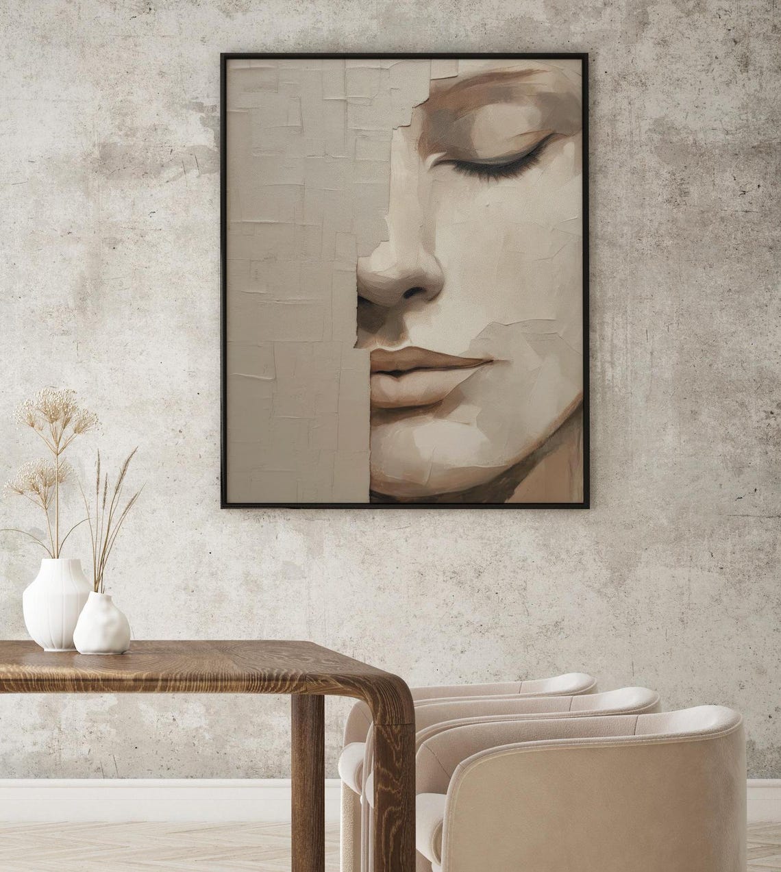 Minimalist Female Face Abstract Beige Modern Portrait Poster - Image 2