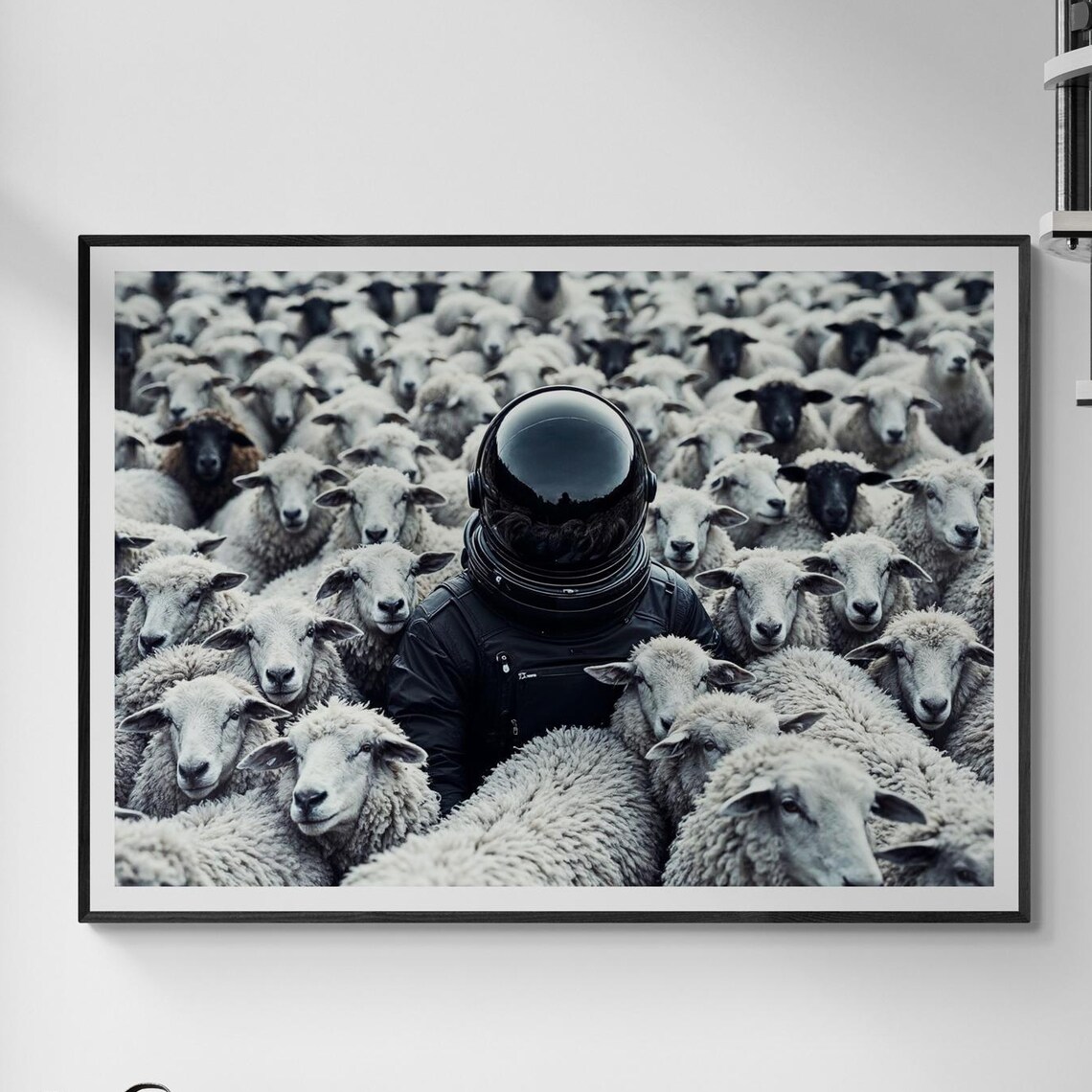 Astronaut Among Sheep, Minimalist Space Art Print