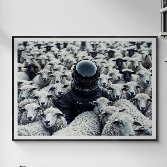 Astronaut Among Sheep, Minimalist Space Art Print