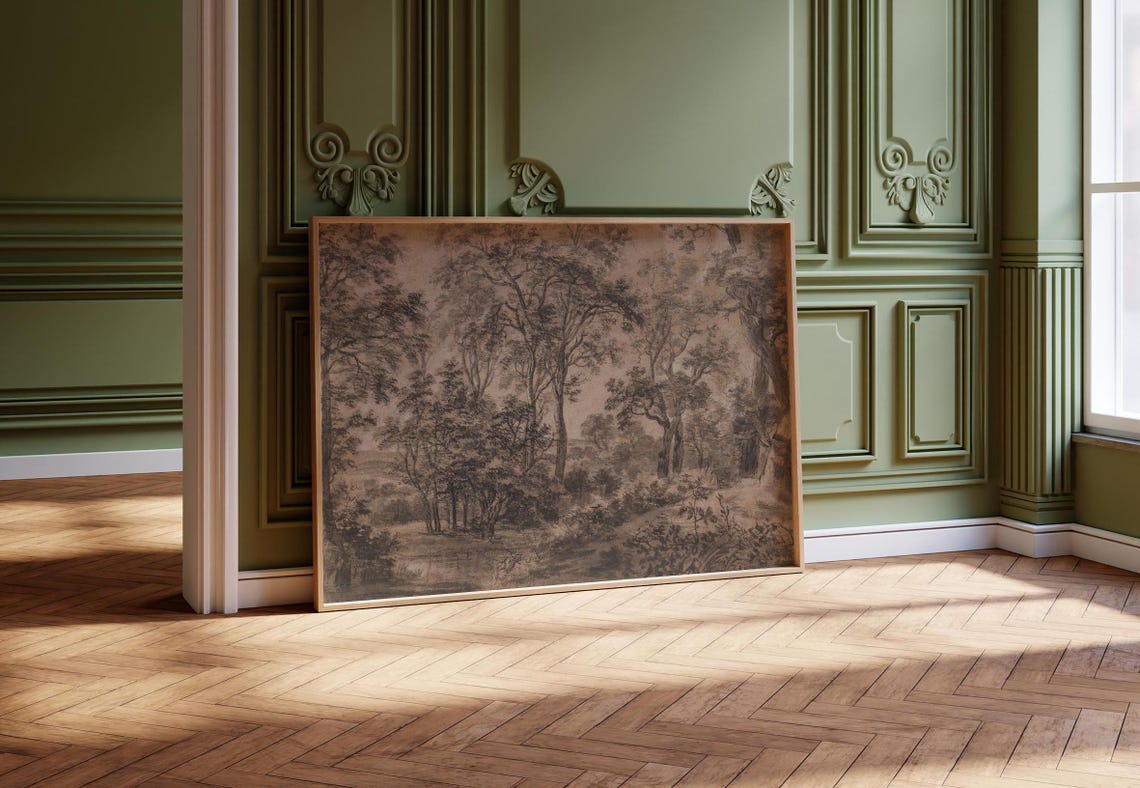 Antique Sepia Forest Trees Ink Sketch Woodland Landscape Art Poster - Image 2
