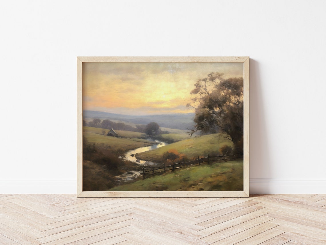 Golden Sunset Valley Stream Cottage Fence Vintage Landscape Poster - Image 3