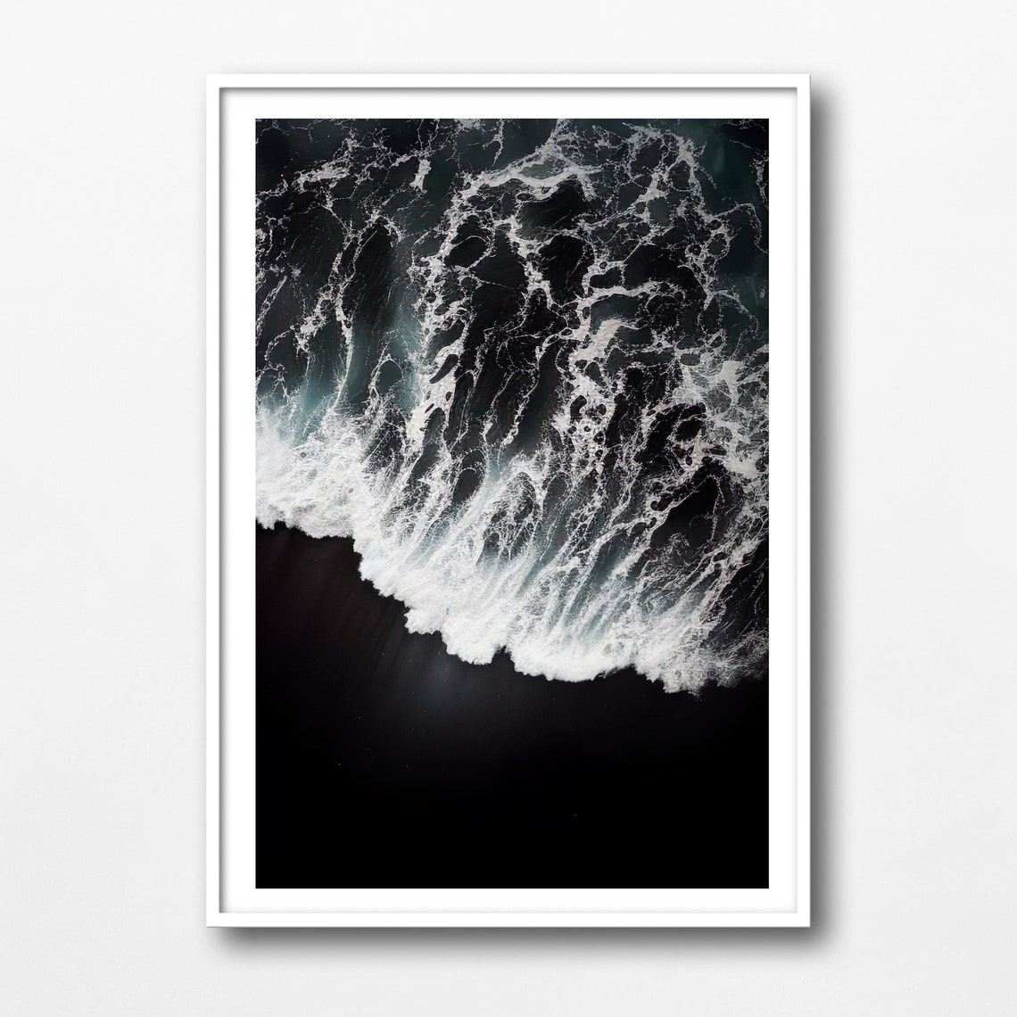 White Foam Wave Over Black Sand Dramatic Aerial Ocean Photo Poster