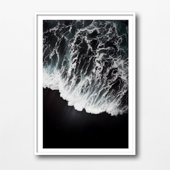 White Foam Wave Over Black Sand Dramatic Aerial Ocean Photo Poster