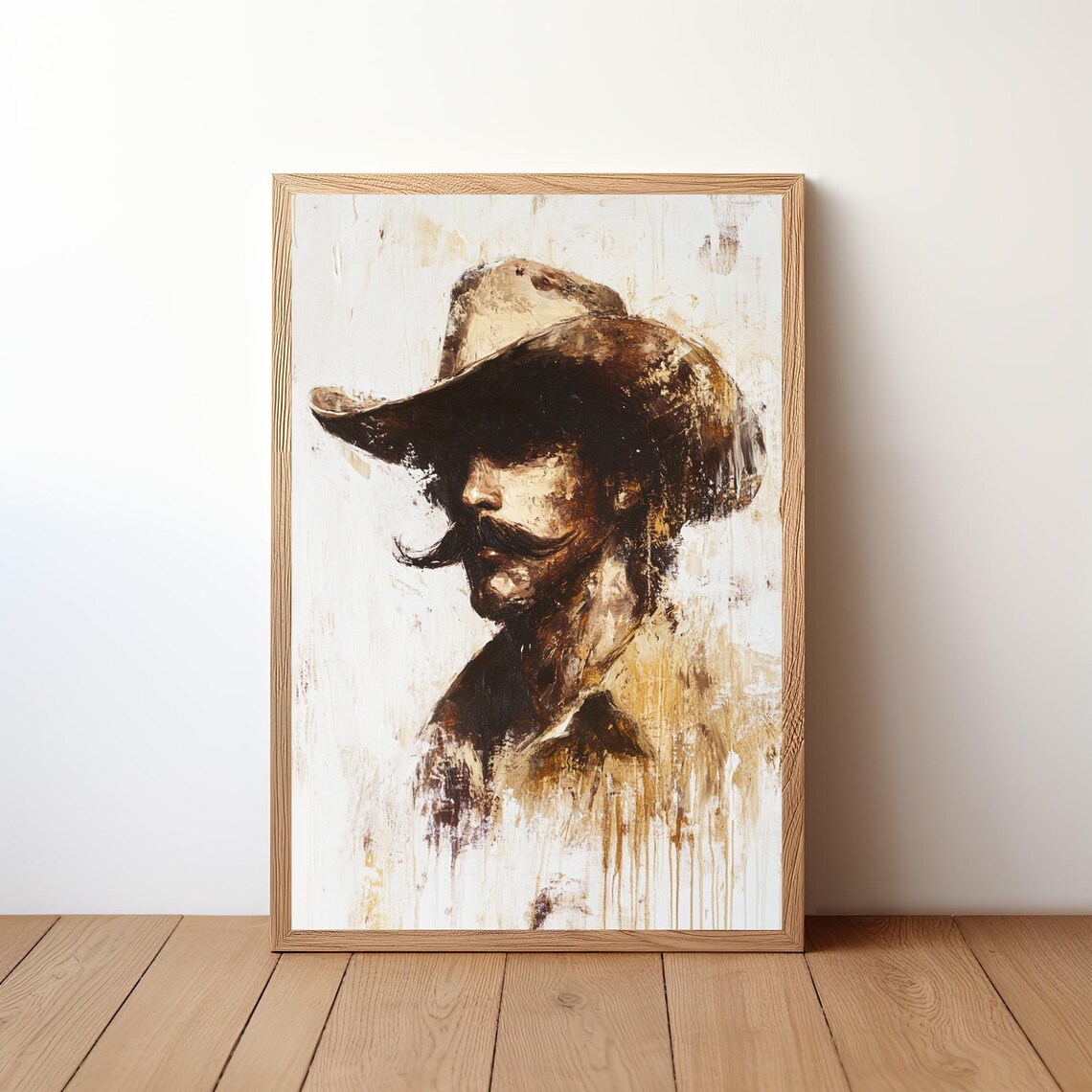Cowboy Profile Portrait Mustache Tan Hat Western Painting Wall Art