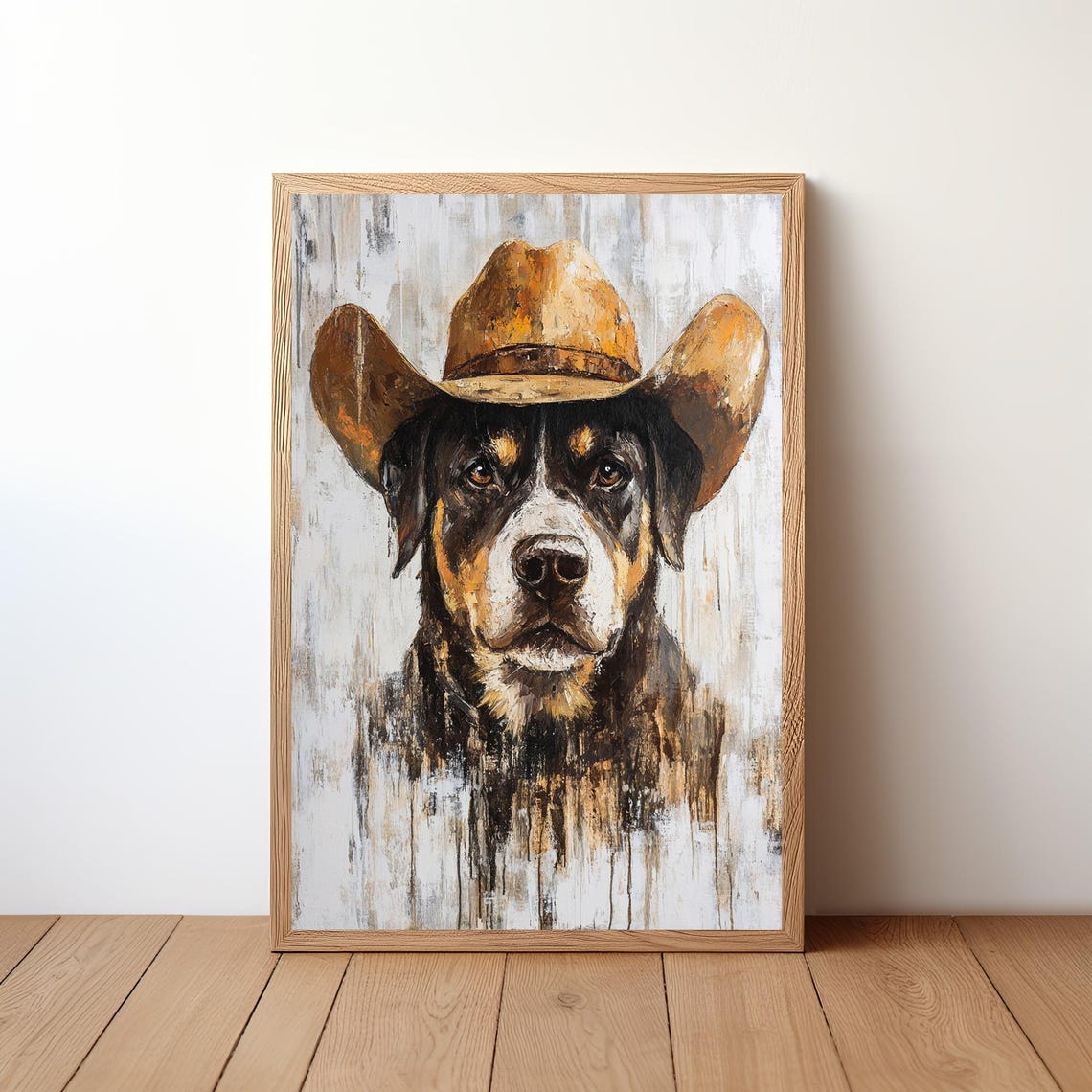Black and Tan Dog in Cowboy Hat Western Rustic Painting Poster