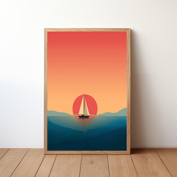 Sailboat Sunset Giant Red Sun Minimalist Ocean Coastal Art Print