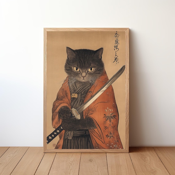 Cat Holding Sword Funny Poster Cute Wall Art Gift For Lovers Humorous Pet Decor