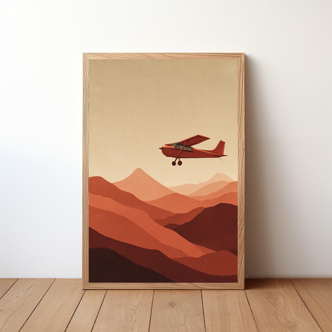 Red Plane Terracotta Mountains Warm Minimalist Aviation Art Poster