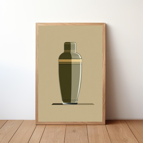 Olive Green Cobbler Cocktail Shaker On Tan Minimalist Wall Art