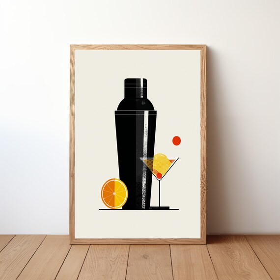 Sleek Black Cocktail Shaker Martini Retro Mid Century Bar Poster