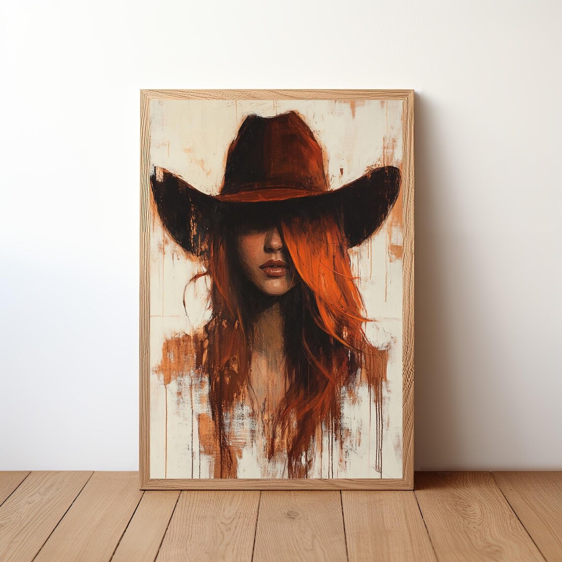 Western Redhead Cowgirl Dark Cowboy Hat Painterly Portrait Poster