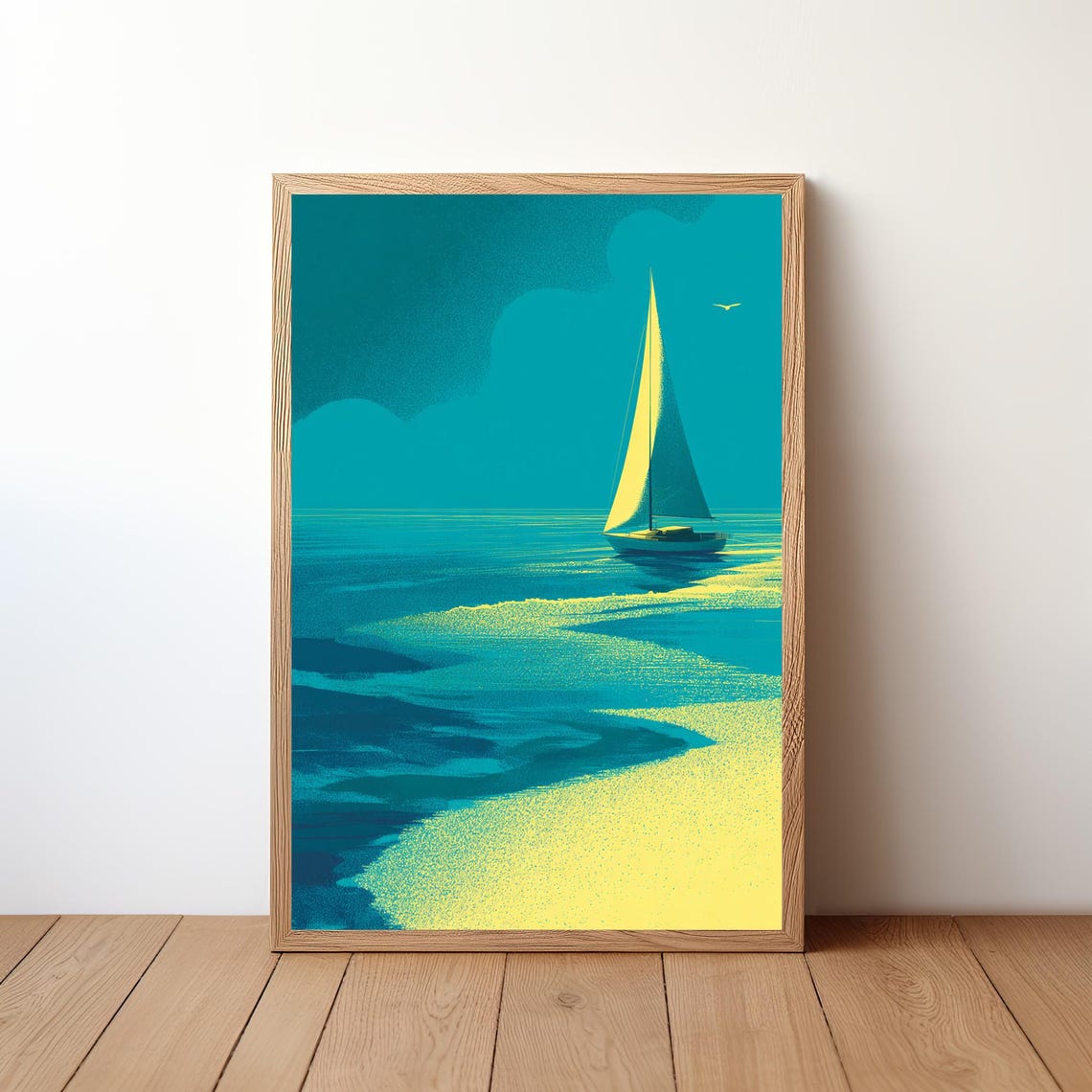 Teal Yellow Sailboat Stylized Waves Modern Graphic Ocean Poster