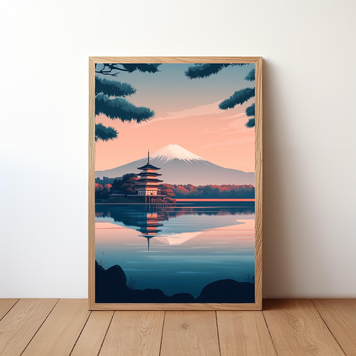 Japan Pagoda Lake Reflection Mount Fuji Dusk Pine Art Poster