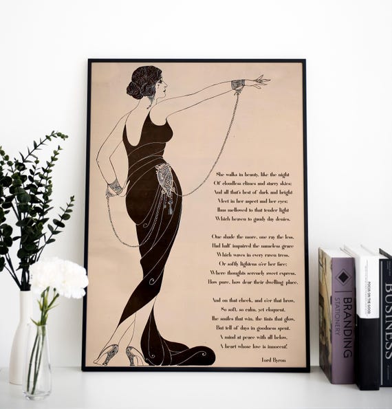 1920 Deco She Walks In Beauty Poem Art Nouveau Goddess Poster Bohemian Large Artwork Beige And Black