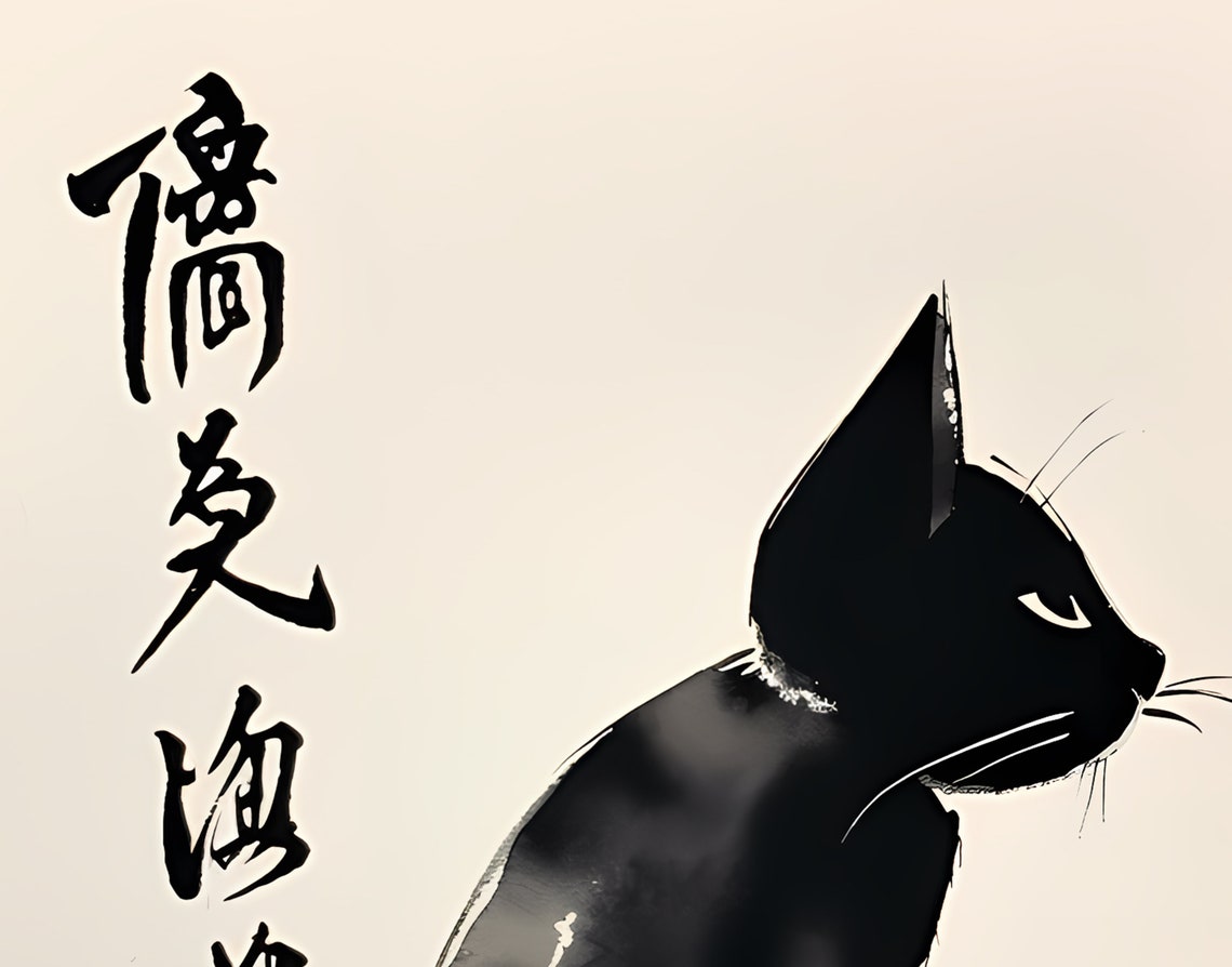 Black Japanese Cat Illustration Art Print - Image 2