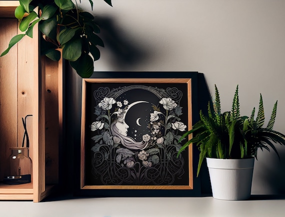 Art Nouveau Moon Flowers Moon Face Art Print