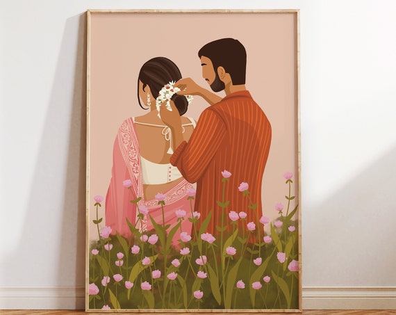 Indian Couple Art Indian Art Desi Art South Asian Art South Indian Art Desi Art Brown Couple Art Valentines Gift For Him For Her