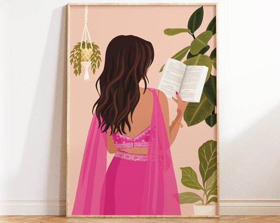 Indian Women In Saree Reading Book Art Print