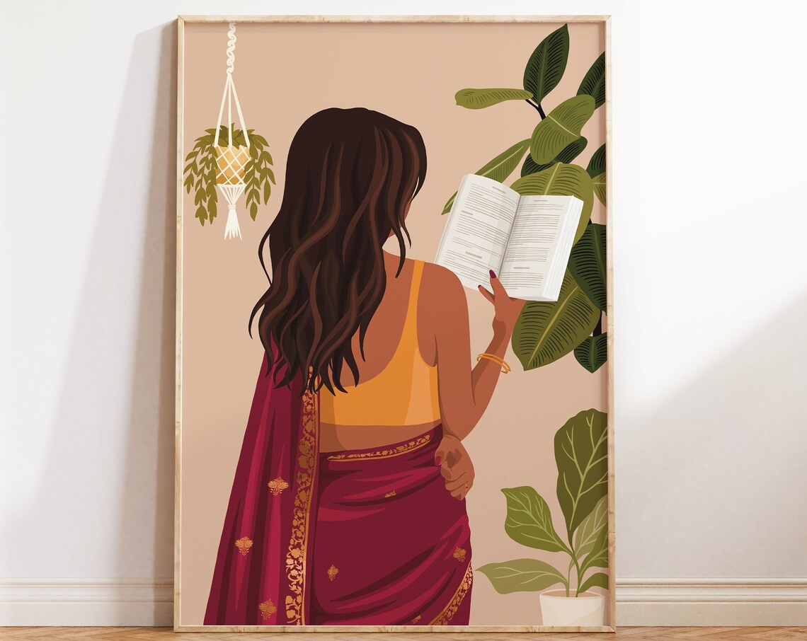 Indian Woman Reading Book Art, Desi Wall Art Print