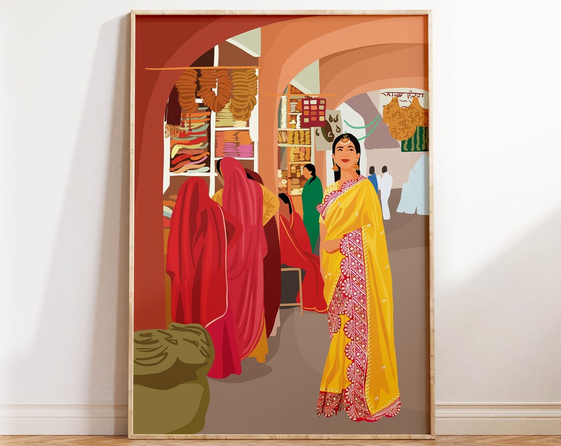 Indian Women in Jaipur Market, Retro Art Print