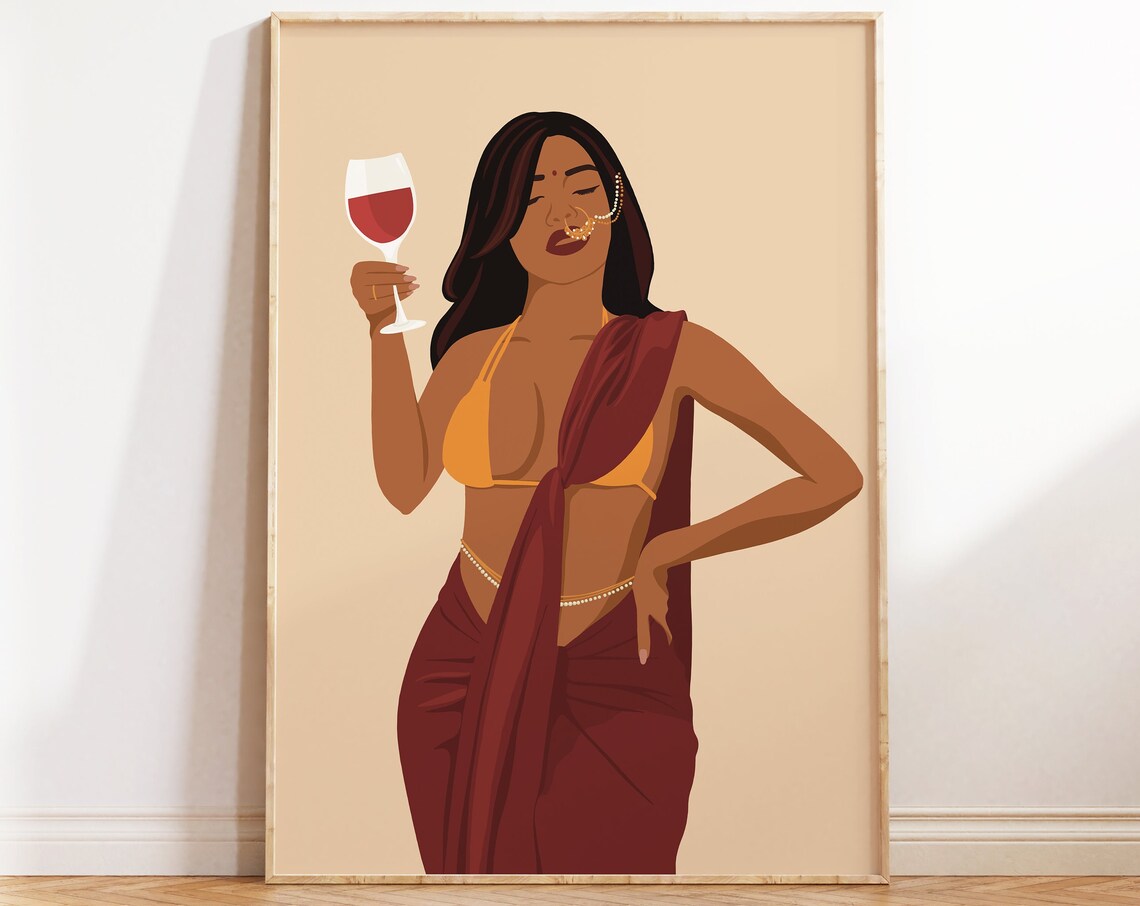 Modern Indian Woman Drinking, South Asian Art Print