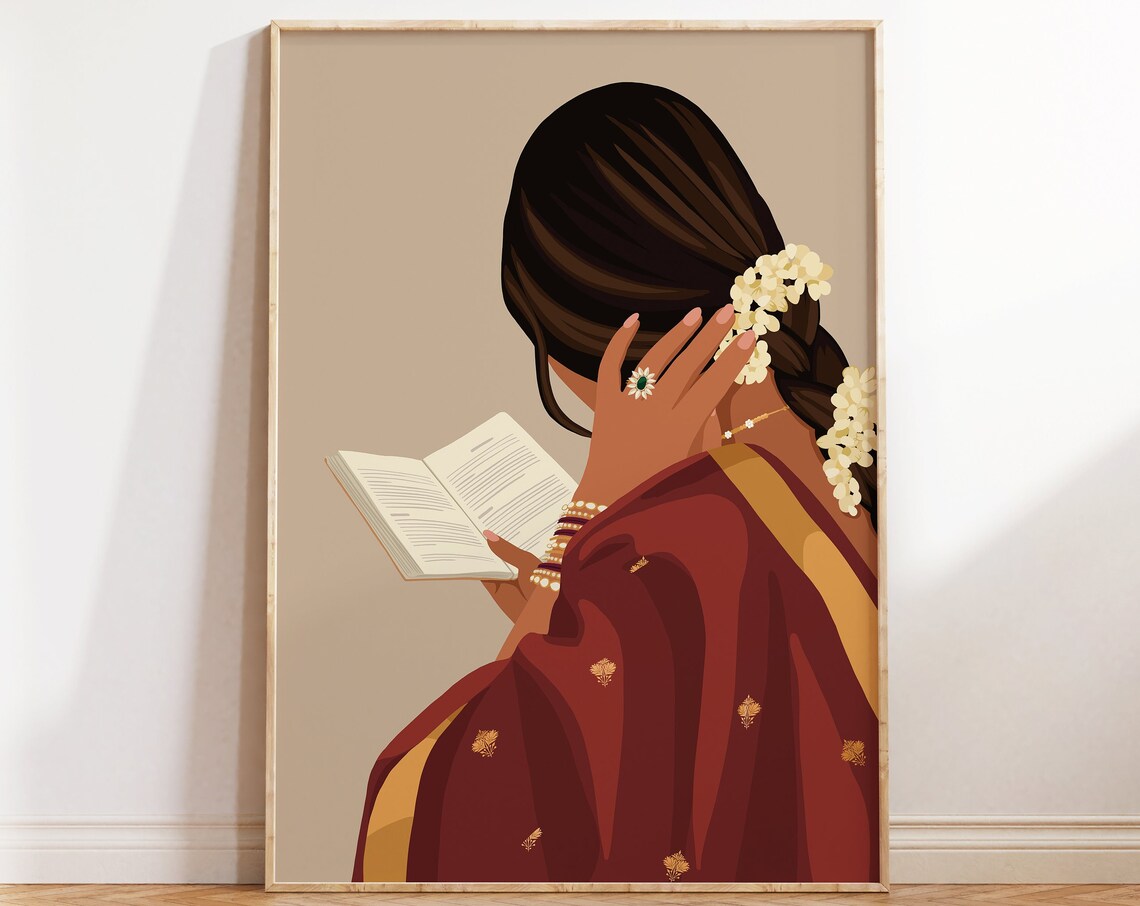 Indian Women In Saree Reading Book, Boho Art