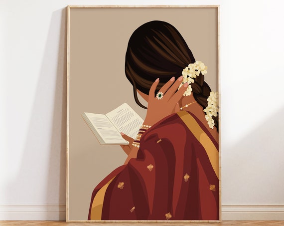 Indian Women In Saree Reading Book, Boho Art