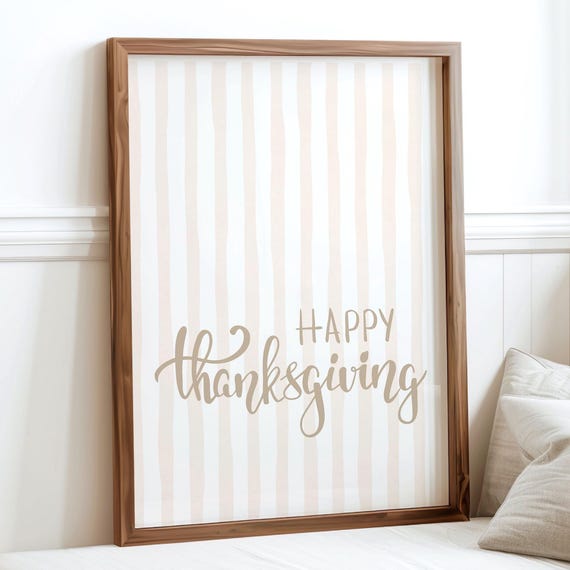 Happy Thanksgiving Script Lettering Striped Cream Holiday Art Poster