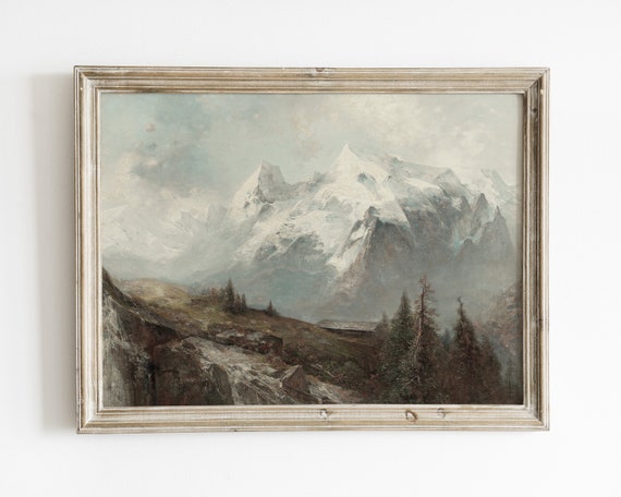 Mountain Wall Art Antique Mountain Painting Neutral Gallery Wall Art Seasonal Winter Wall Art Mountain Print Vintage Art