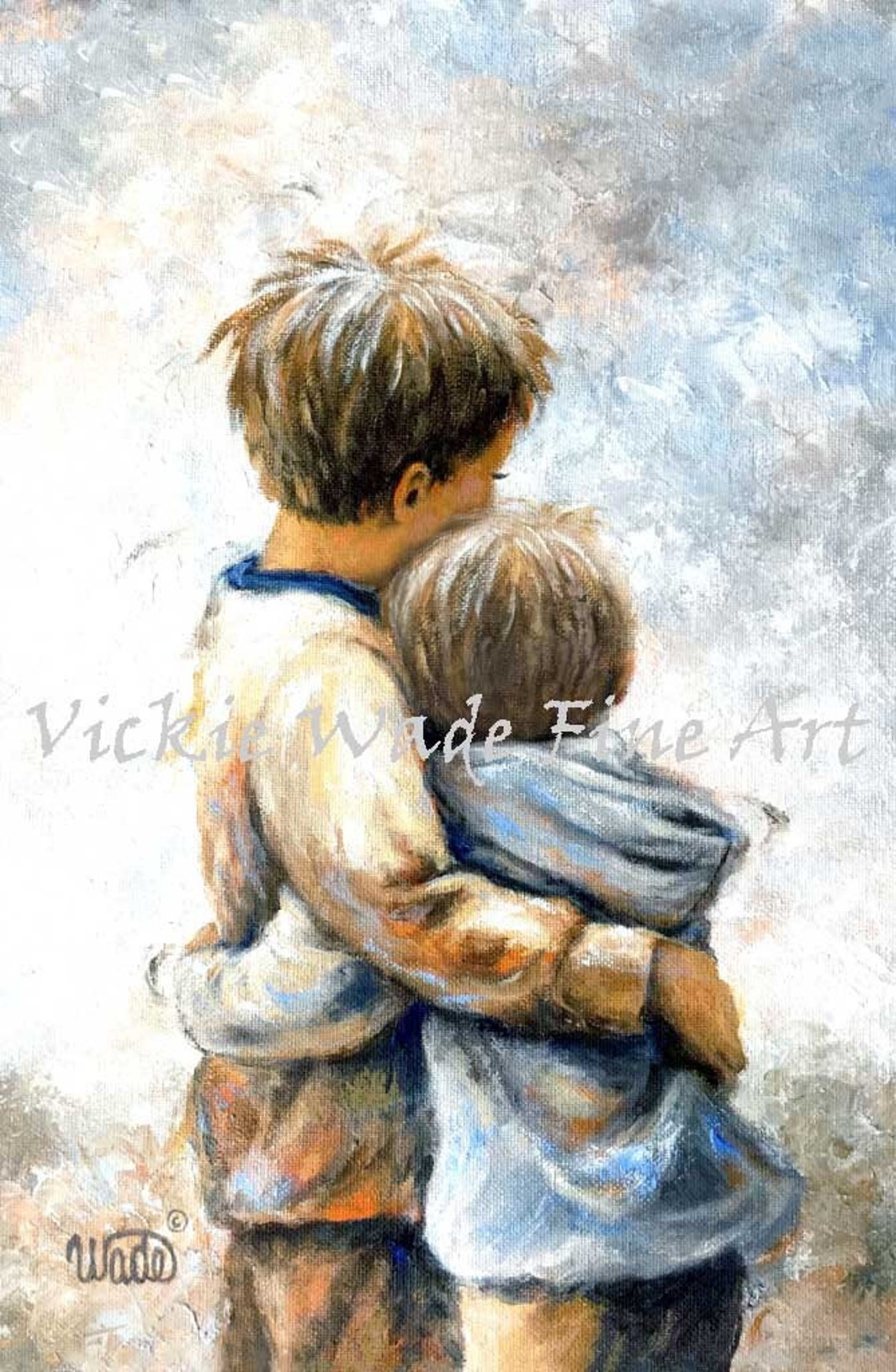 Two Little Boys Hugging, Big Brother Comforting Little Brother Poster