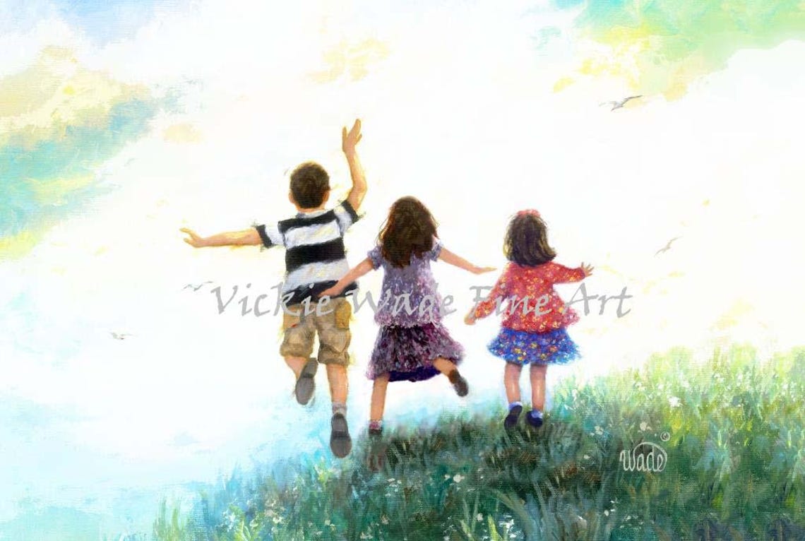 Three Happy Children Leaping Together on a Grassy Hill Poster