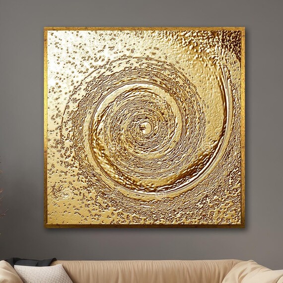 Golden Glitter Embroidery Spirals Wall Art Golden Helix Glitter Textured By Hand Abstract Oil Painting Textured Painting
