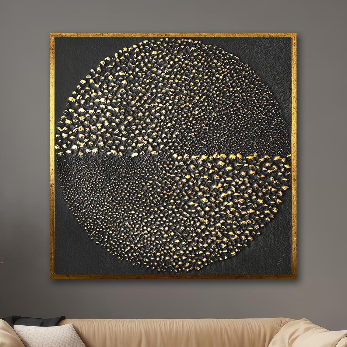 Gold Dot Circle Abstract Black Background Modern Textured Poster