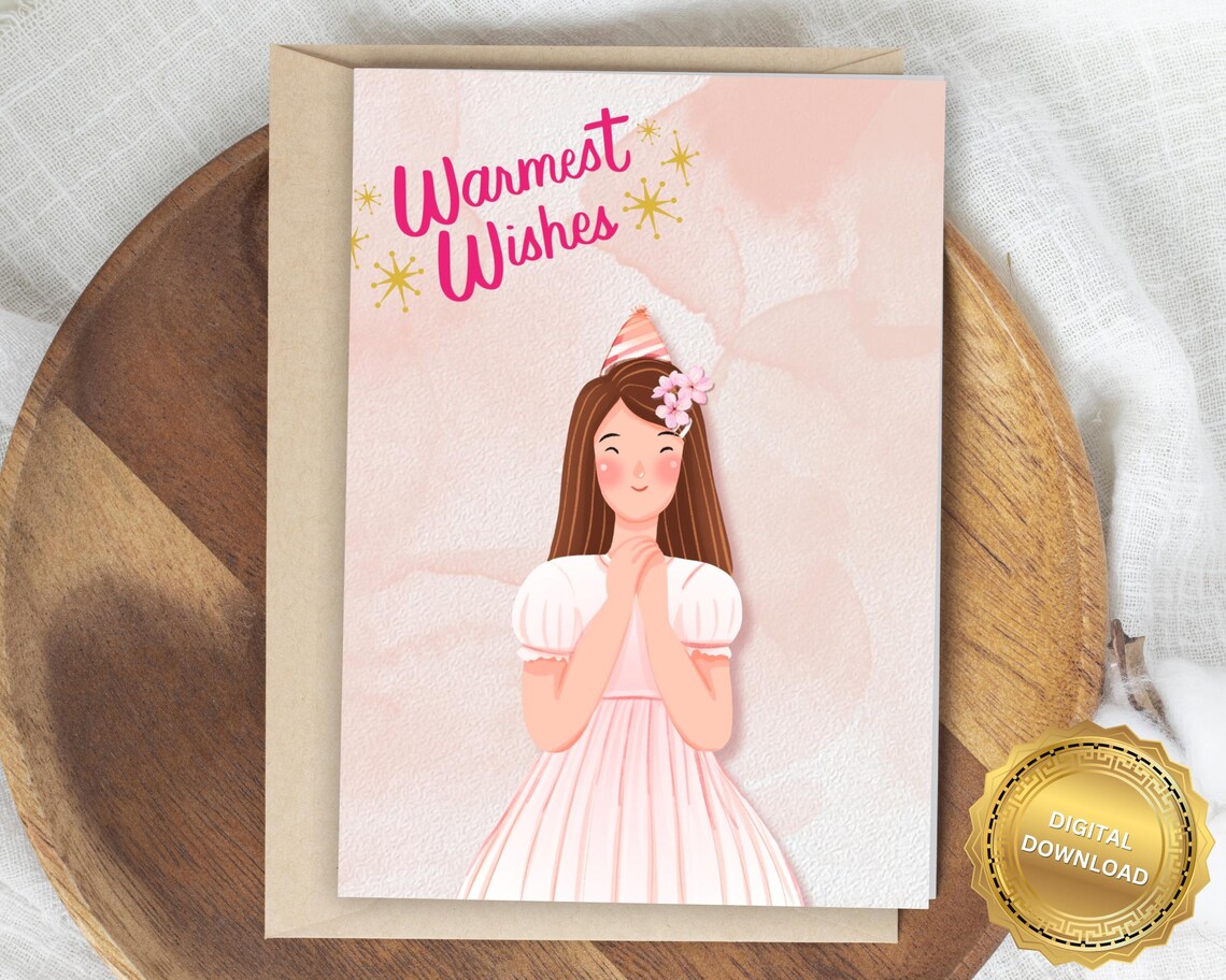 Warmest Wishes Pink Watercolor Girl Party Hat Greeting Card Poster