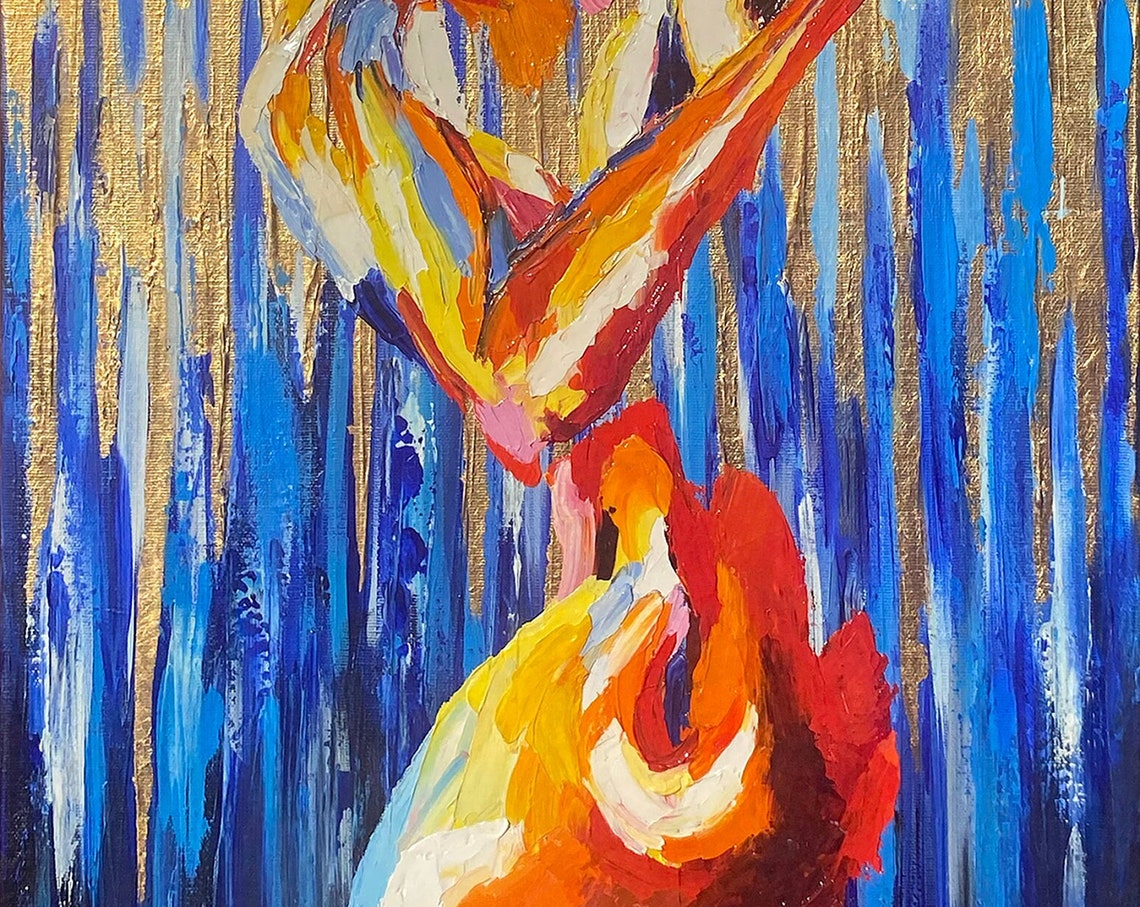 Modern Body Painting Sexy Nude Woman Oil Painting Erotic Painting Abstract Female Figure Art Full Body Painting Gold Leaf Body Art - Image 3