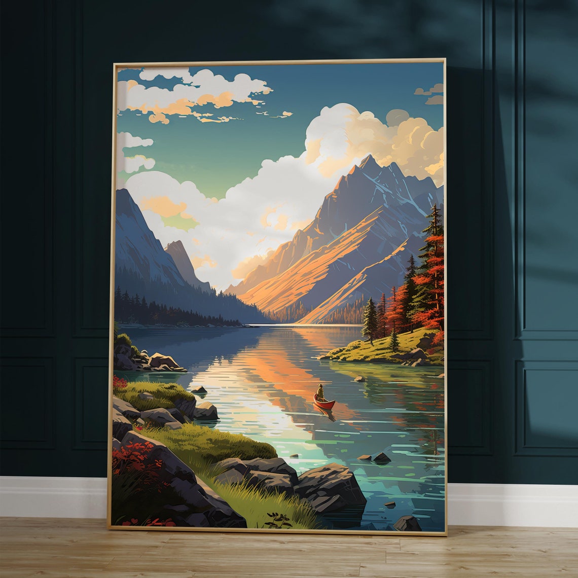 Alpine Mountain Lake Poster with Red Canoe and Sunset Reflection Art