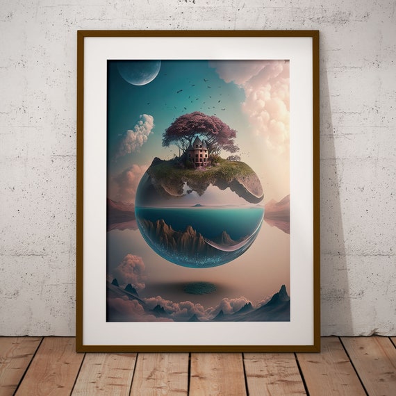 Floating Island Poster With Tree Of Life And Earth Globe Surreal Fantasy Art For Contemporary Bohemian Wall Decor And Unique Gift For Her