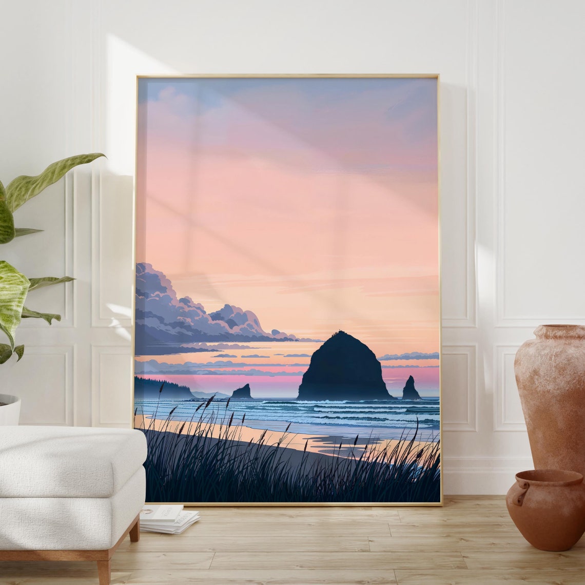 Pastel Beach Sunset Anime Poster with Sea Stacks and Ocean Waves - Image 2