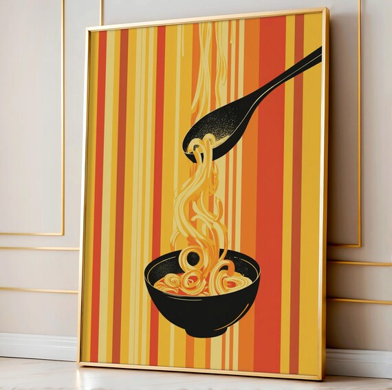 Retro Noodle Soup Bowl Black Spoon Bold Stripe Kitchen Food Poster