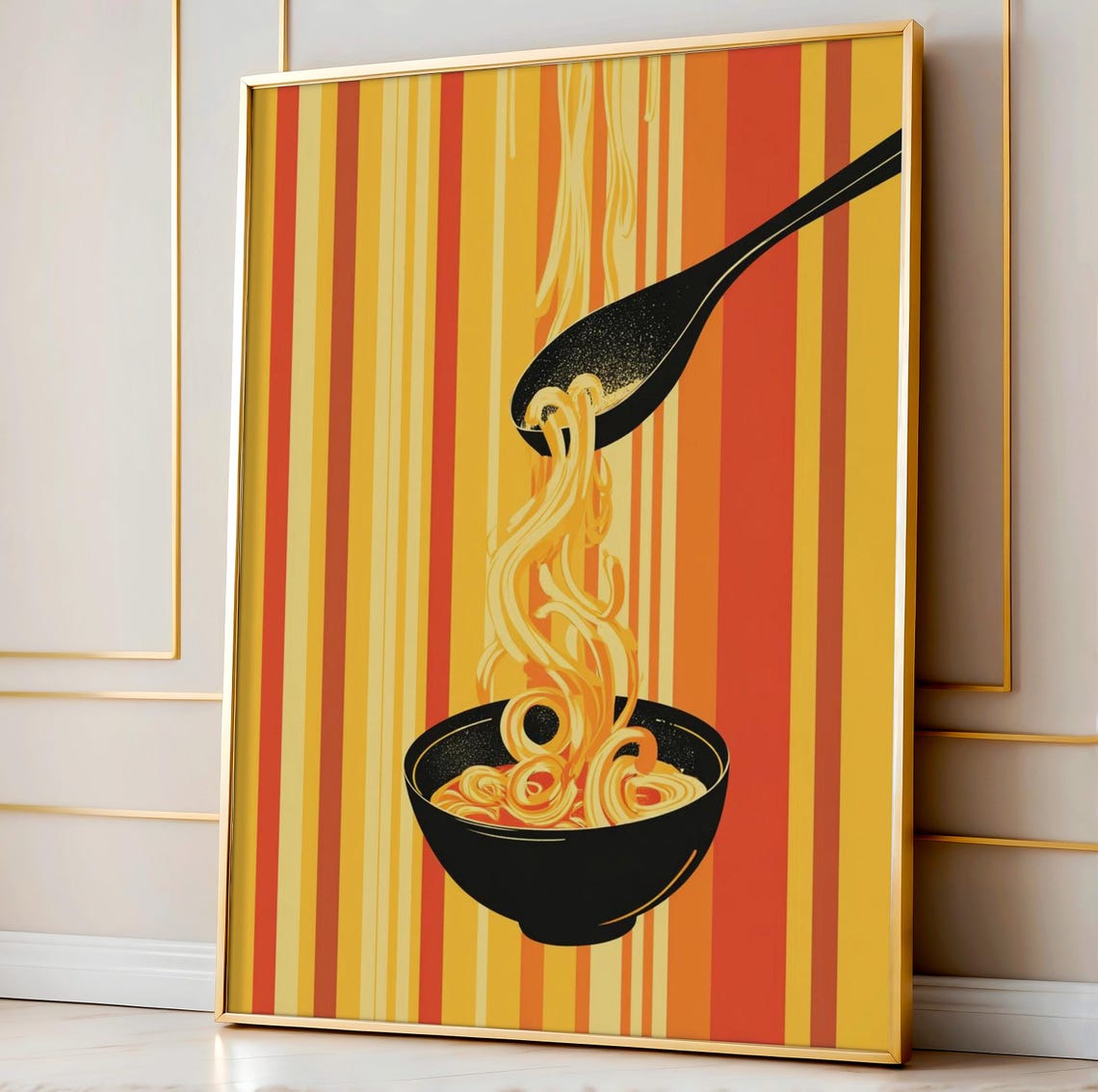 Retro Noodle Soup Bowl Black Spoon Bold Stripe Kitchen Food Poster