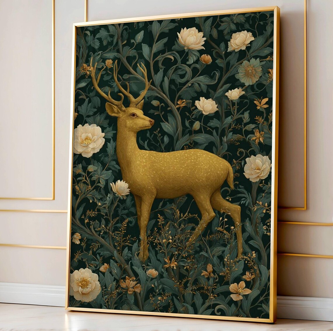 Golden Deer Wall Art Vintage Botanical Print Boho Forest Animal Illustration Green Nature Decor