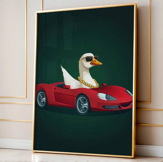 Luxury Goose Car Poster Funny Gangsta Wall Art Cool Bird Print Silly Animal Decor For Bathroom Or Office